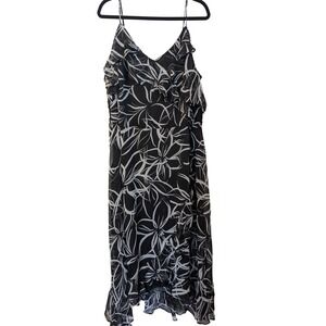 London Times Woman Black White Floral Ruffle Midi Dress US 24W Sleeveless V-Neck